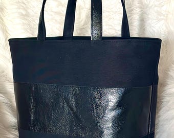 Borsa tote in tela nera con manici a mano e dettagli in pelle italiana – Fatta a mano in Francia