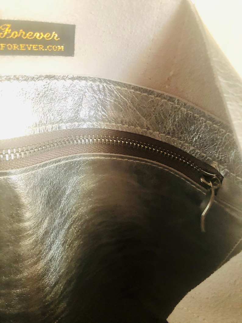 Silver Italian leather tote bag, metallic leather shoulder bag, soft oversized bag in silver leather image 7