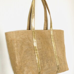 Grand tote bag de plage en toile de jute enduit et cuir grand fourre tout été recyclé sac cabas voyage naturel sac porté epaule vacances image 5