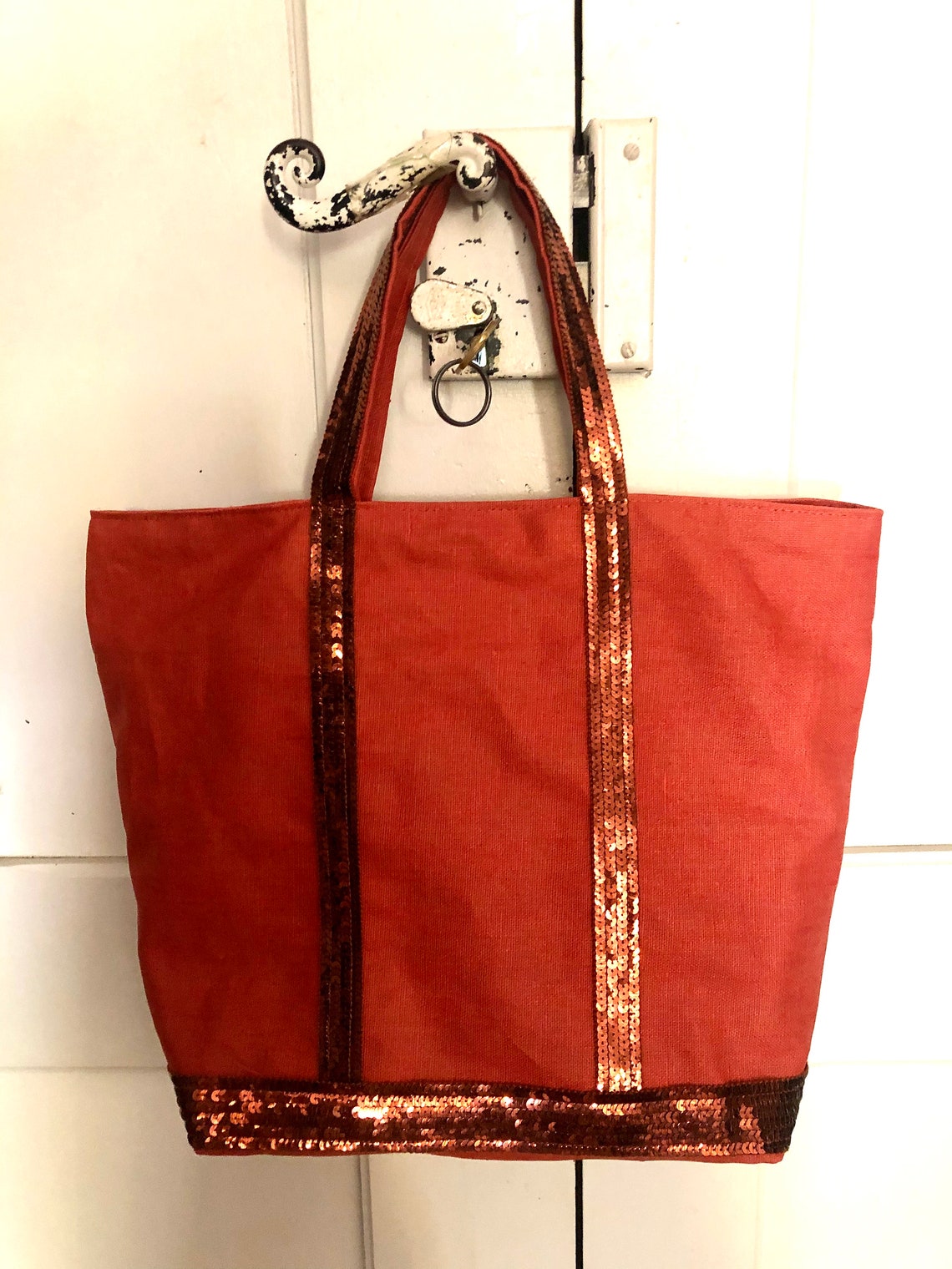 Prune Coated Linen Tote Bag With Prune Coloured Sequins Etsy