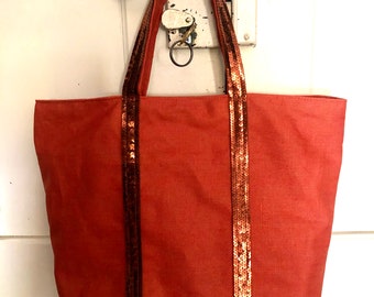 Sac cabas en lin enduit terracotta  veritables paillettes cognac