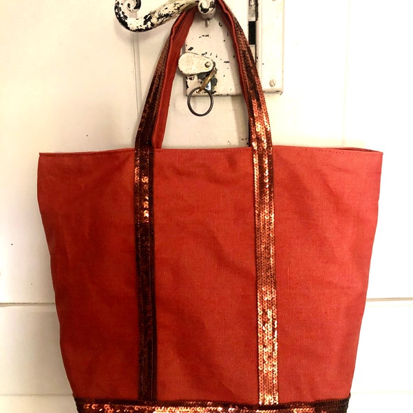 Sac cabas en lin enduit terracotta  veritables paillettes cognac