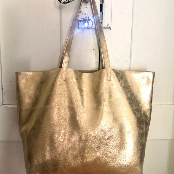 Gold sparkle leather tote bag, gold leather shoulder bag, rock chic tote bag