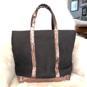 Thick anthracite linen tote bag with sequins, solid gray linen bag, dark gray linen tote with sequins