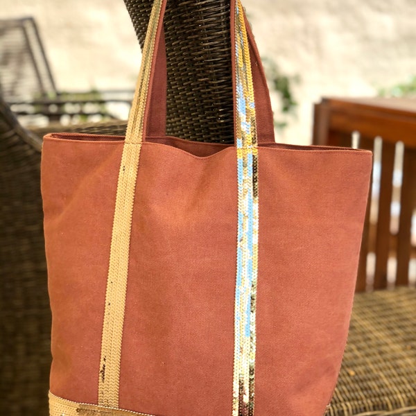 Terracotta cotton tote bag with gold sequins