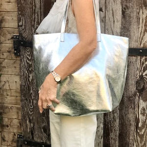 Silver Italian leather tote bag, metallic leather shoulder bag, soft oversized bag in silver leather image 2