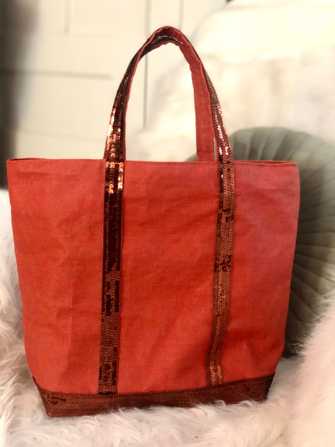 Prune Coated Linen Tote Bag With Prune Coloured Sequins Etsy