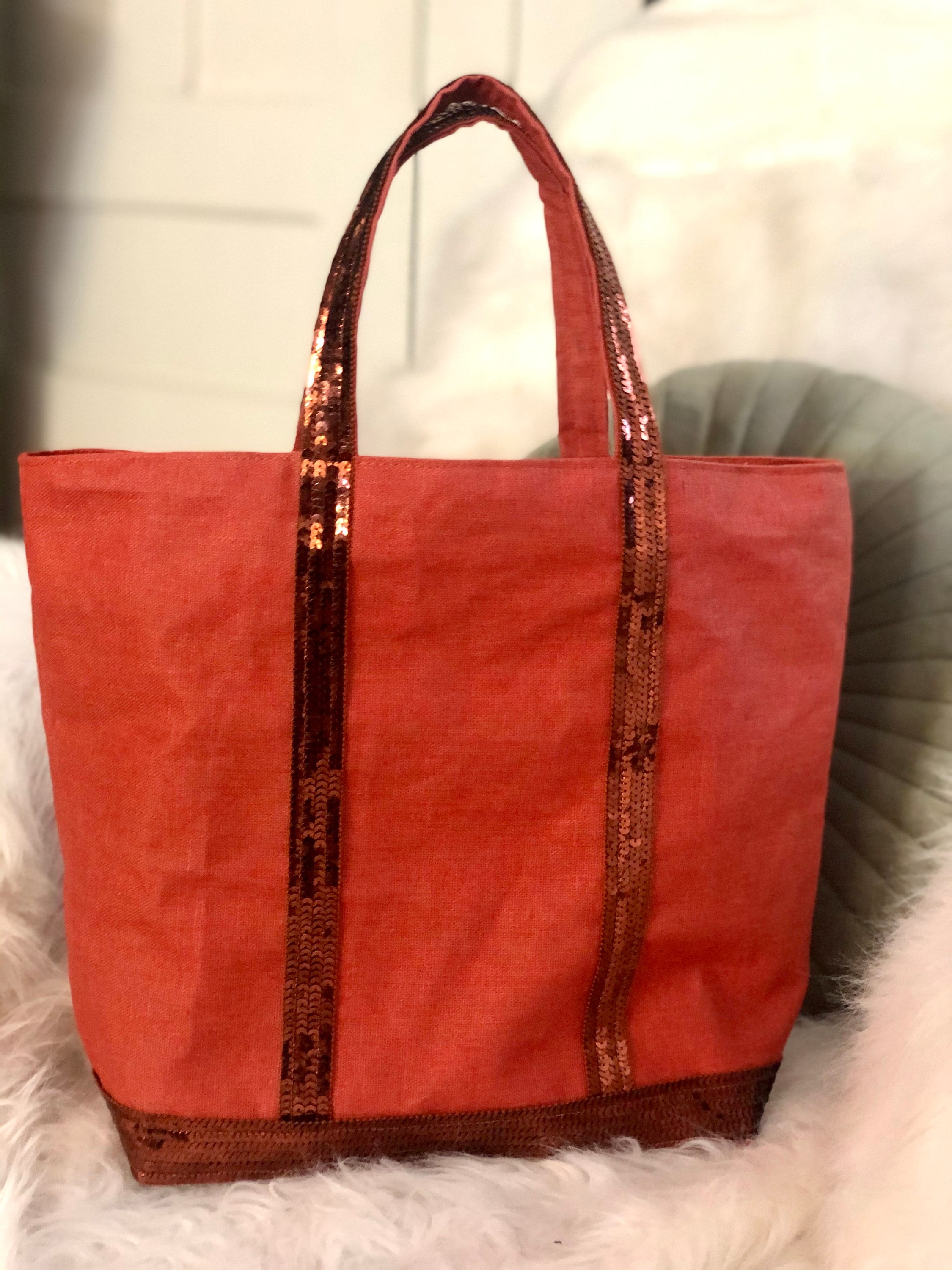 Prune Coated Linen Tote Bag With Prune Coloured Sequins Etsy