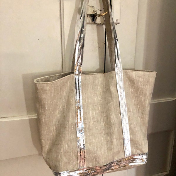 Vanessa Bruno style natural linen tote bag with silver sequins