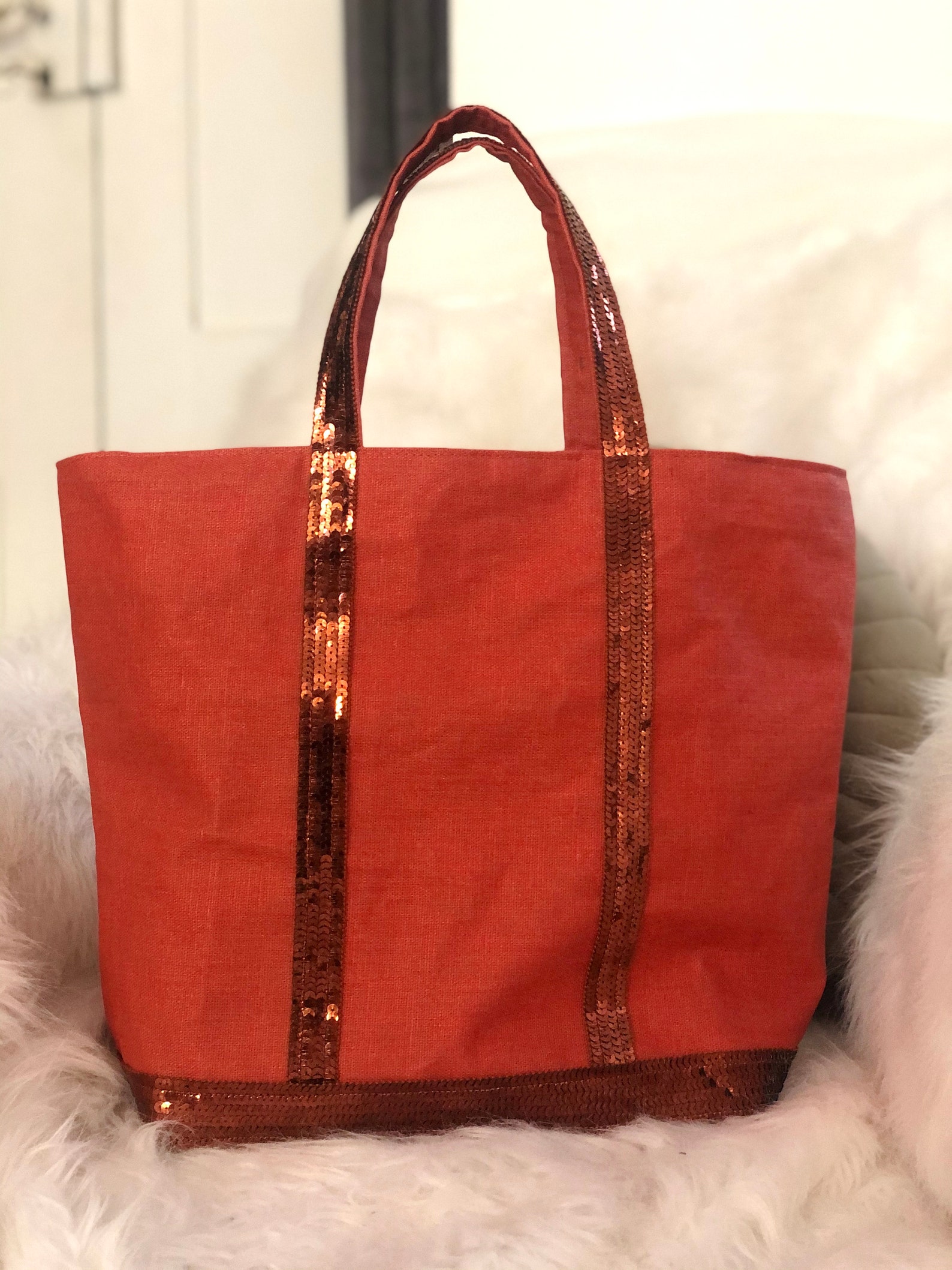 Prune Coated Linen Tote Bag With Prune Coloured Sequins Etsy