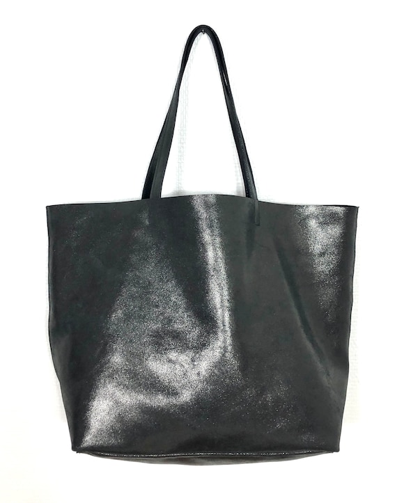 Black Italien Leather Tote Bag Rock Chic Oversize Tote Slouchy