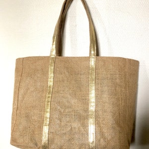 Grand tote bag de plage en toile de jute enduit et cuir grand fourre tout été recyclé sac cabas voyage naturel sac porté epaule vacances image 3