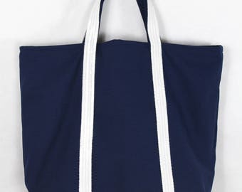 Tote bag in navy blue cotton canvas and white sequins