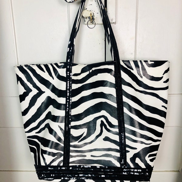 Sac cabas simili cuir zébré paillettes noires