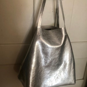 Silver Italian leather tote bag, metallic leather shoulder bag, soft oversized bag in silver leather image 9