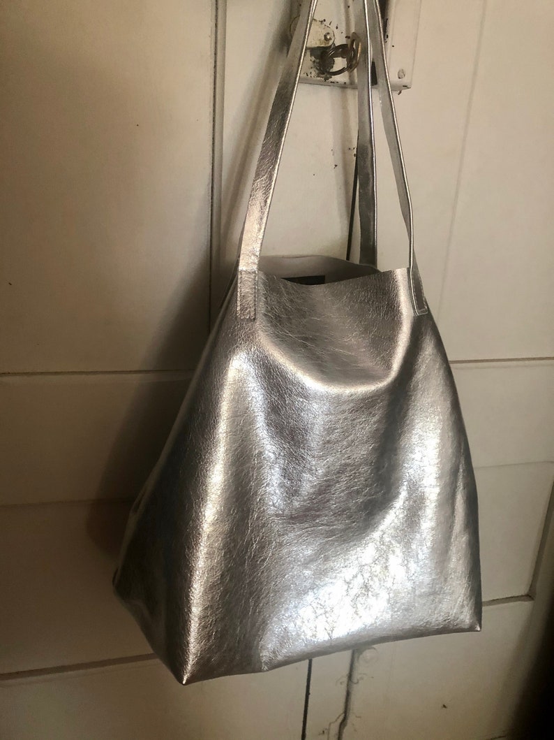 Silver Italian leather tote bag, metallic leather shoulder bag, soft oversized bag in silver leather image 9