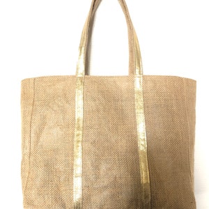 Grand tote bag de plage en toile de jute enduit et cuir grand fourre tout été recyclé sac cabas voyage naturel sac porté epaule vacances image 2