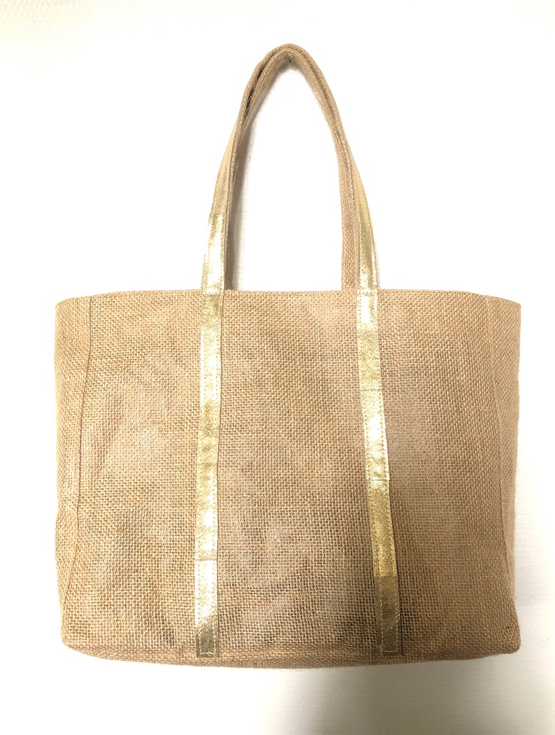 Grand tote bag de plage en toile de jute enduit et cuir grand fourre tout été recyclé sac cabas voyage naturel sac porté epaule vacances image 2