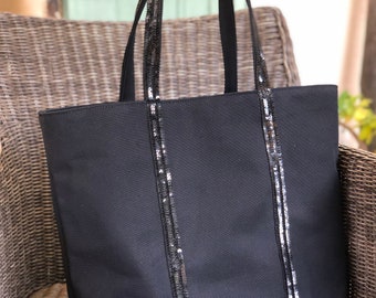 Schicke schwarze Glitzer-Einkaufstasche, hochwertige Modetasche, trendige Glitzer-Tasche, exklusive schwarze Tragetasche