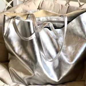 Silver Italian leather tote bag, metallic leather shoulder bag, soft oversized bag in silver leather image 10