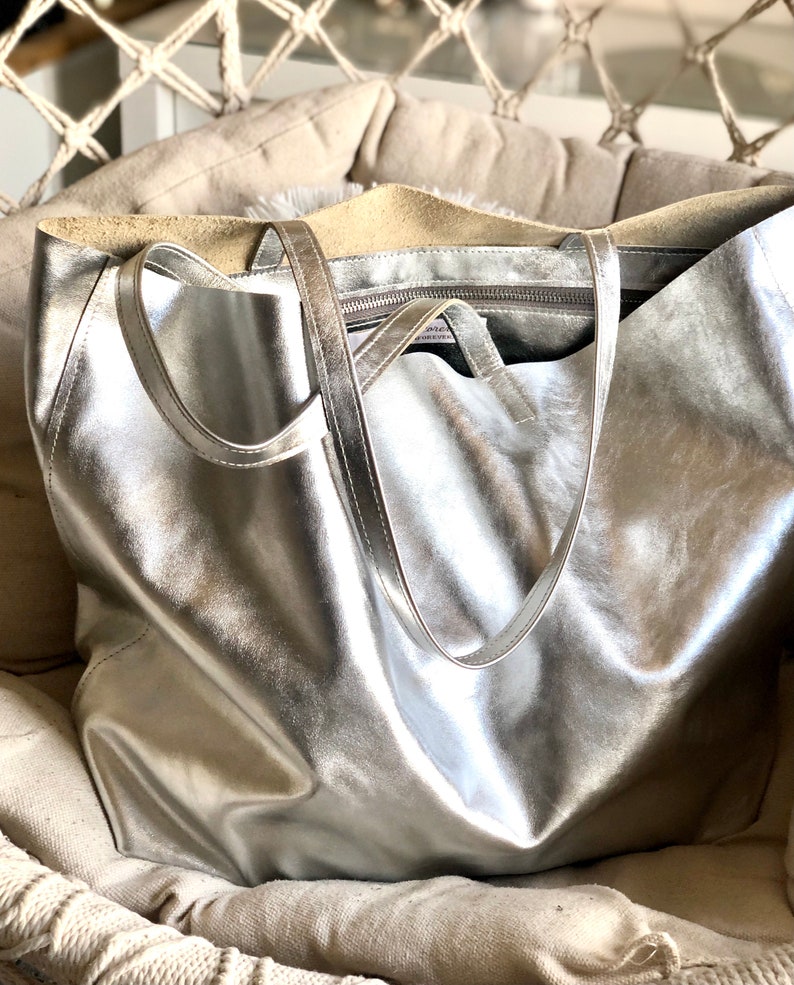 Silver Italian leather tote bag, metallic leather shoulder bag, soft oversized bag in silver leather image 10