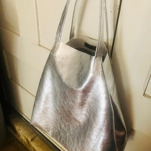 Silver Italian leather tote bag, metallic leather shoulder bag, soft oversized bag in silver leather image 8