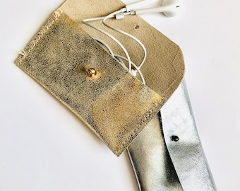 Gouden leren oordopjeshoesje, EarPods-hoesje met aansluiting