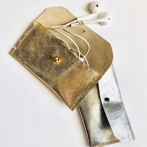 Pochette écouteurs en cuir doré, pochette EarPods avec jack