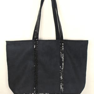 Large black faux suede tote bag with black sequins