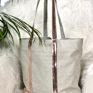 Light grey coated  linen sequin tote bag powder pink sequins