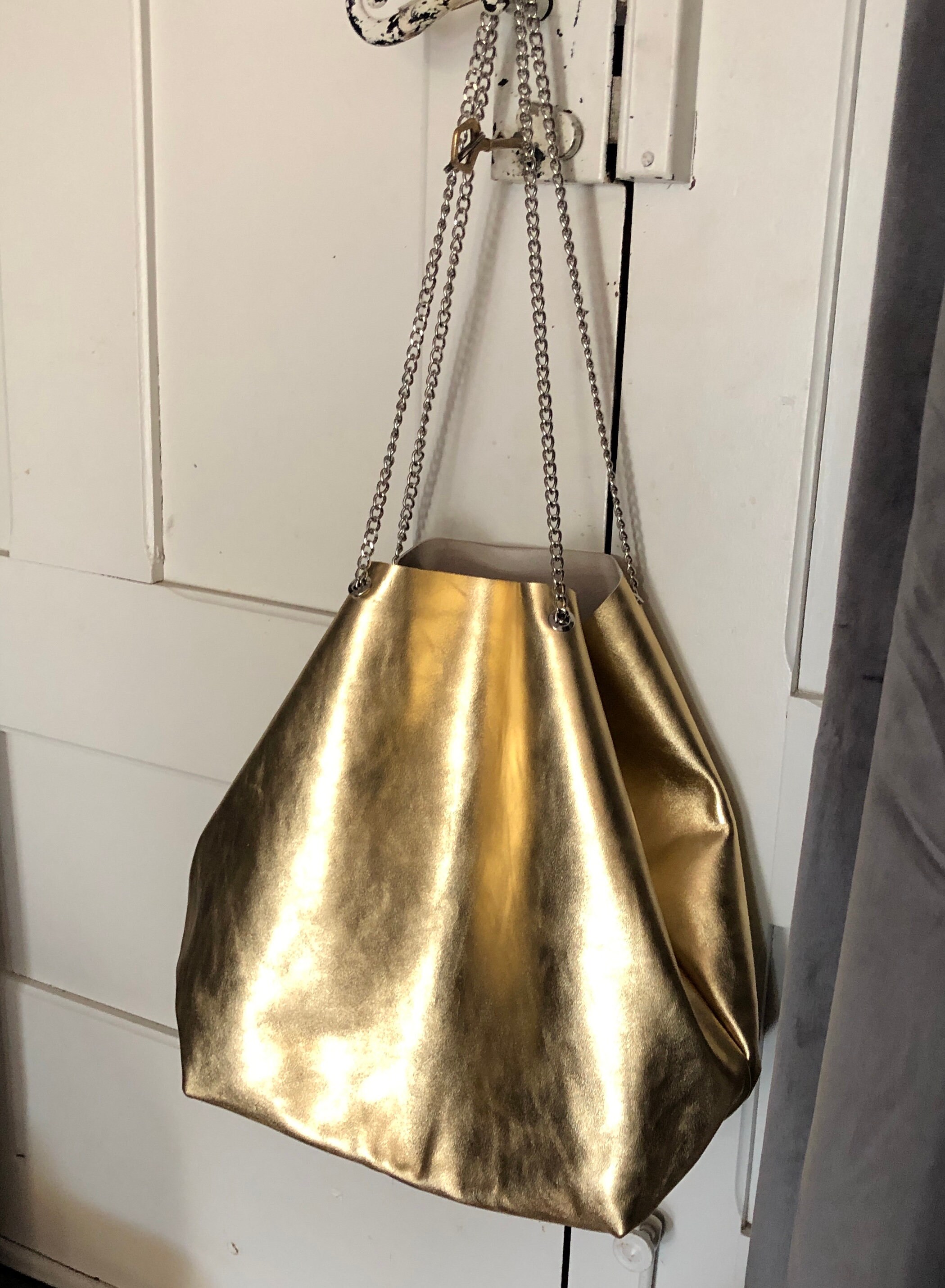 gold leather tote bag