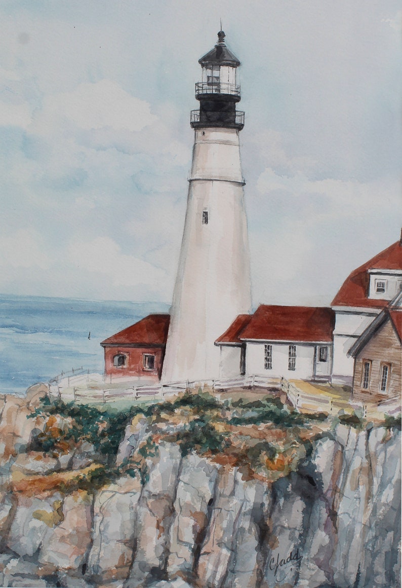 original Portland Headlight Lighthouse Watercolor Painting Art & Collectibles Painting jan