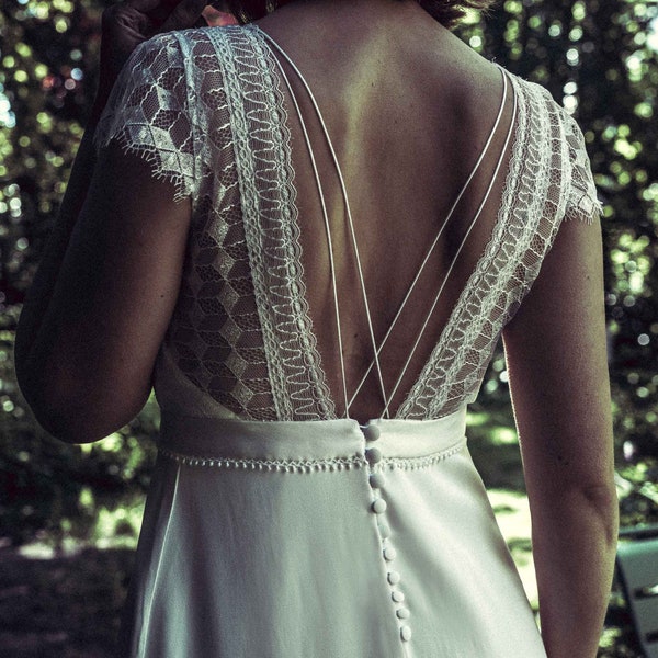 Robe mariée Gaby, robe en soie et dentelle dos nu