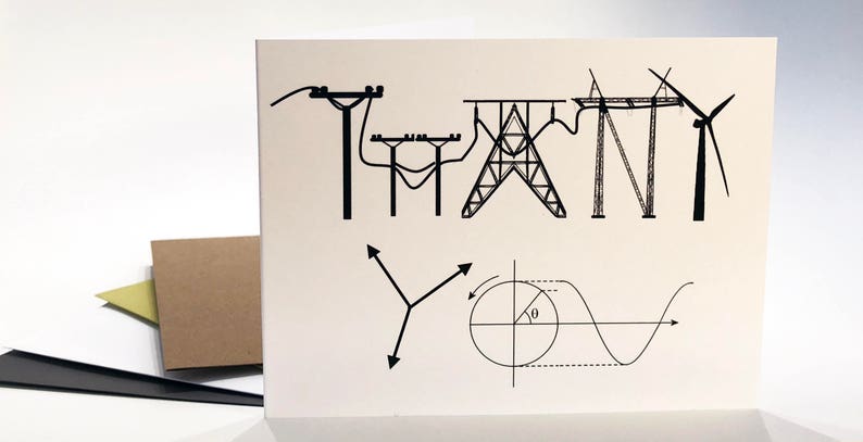 May include: A white card with black ink illustrations of power lines, a wind turbine, and a graph. The card says "Thank You".