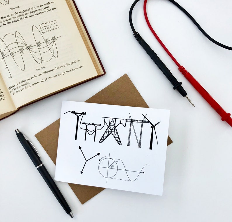 May include: A white card with black ink illustrations of electrical towers, wind turbines, and a sine wave graph. The word "THANK" is spelled out using the electrical towers.