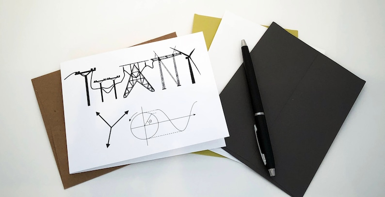 May include: A white card with the word "THANK YOU" spelled out using illustrations of electrical power lines and a graph. The card is on top of a brown envelope.