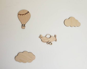 Décorations murales en bois thème ciel nuage avion montgolfière
