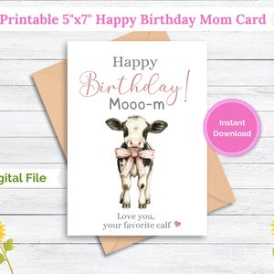 Cartão de Feliz Aniversário para Mãe - Download Digital - Vaquinha com Bezerro em Laço