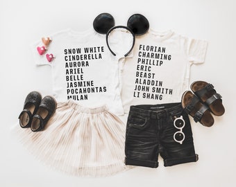 Classic Princesses + Princes Character Names Toddler + Children's Tee • Disney Outfit • Matching Disney Tees • First Disneyland Trip