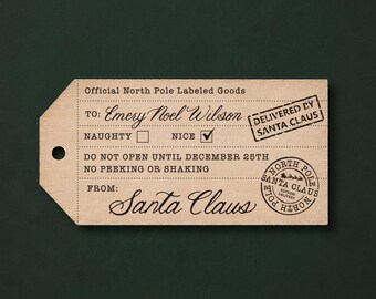 Personalized Santa Gift Tag, North Pole Gift Label, Engraved Wood Christmas Tag, Naughty or Nice Tag
