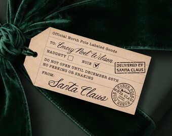 Personalized Santa Gift Tag, North Pole Gift Label, Engraved Wood Christmas Tag, Naughty or Nice Tag