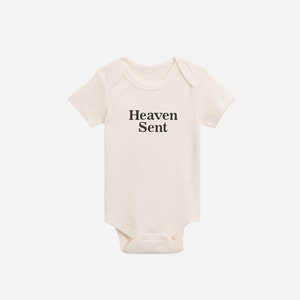 Heaven Sent Organic Baby Bodysuit Pregnancy Announcement Custom Newborn Gift Gender Neutral Baby Clothes Rainbow Baby image 1