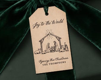 Personalized Nativity Gift Tag, Christian Christmas Gift Tag, Engraved Wood Gift Tag, Joy to the World, Holiday Gift Tag