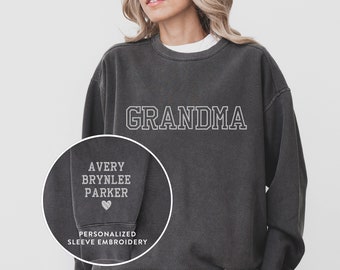 Personalized Embroidered Sweatshirt, Grandma Sweatshirt with Custom Embroidered Sleeve, Mother's Day Gift, Personalized Gift for New Grandma