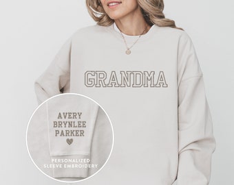 Personalized Embroidered Sweatshirt, Grandma Sweatshirt with Custom Embroidered Sleeve, Mother's Day Gift, Personalized Gift for New Grandma