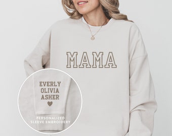 Personalized Embroidered Sweatshirt, Mama Sweatshirt with Custom Embroidered Sleeves, Mother's Day Gift, Gift for New Mom, Baby Shower Gifts