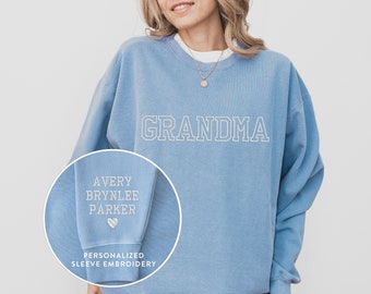 Personalized Embroidered Sweatshirt, Grandma Sweatshirt with Custom Embroidered Sleeve, Mother's Day Gift, Personalized Gift for New Grandma