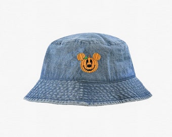 Gorro de pescador de mezclilla bordado con calabaza de Mickey, gorro de pescador de Mickey de Halloween de Disneyland, gorro de Disney World a juego para toda la familia, tallas para niños y adultos
