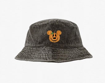 Mickey Pumpkin Embroidered Denim Bucket Hat, Disneyland Halloween Mickey Bucket Hat, Family Matching Disney World Hat, Kid and Adult Sizes