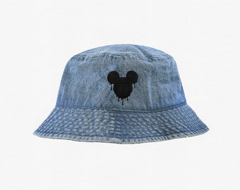 Drippy Mickey Embroidered Denim Bucket Hat, Disneyland Mickey Bucket Hat, 90's Hat, Family Matching Disney World Hat, Kid and Adult Sizes